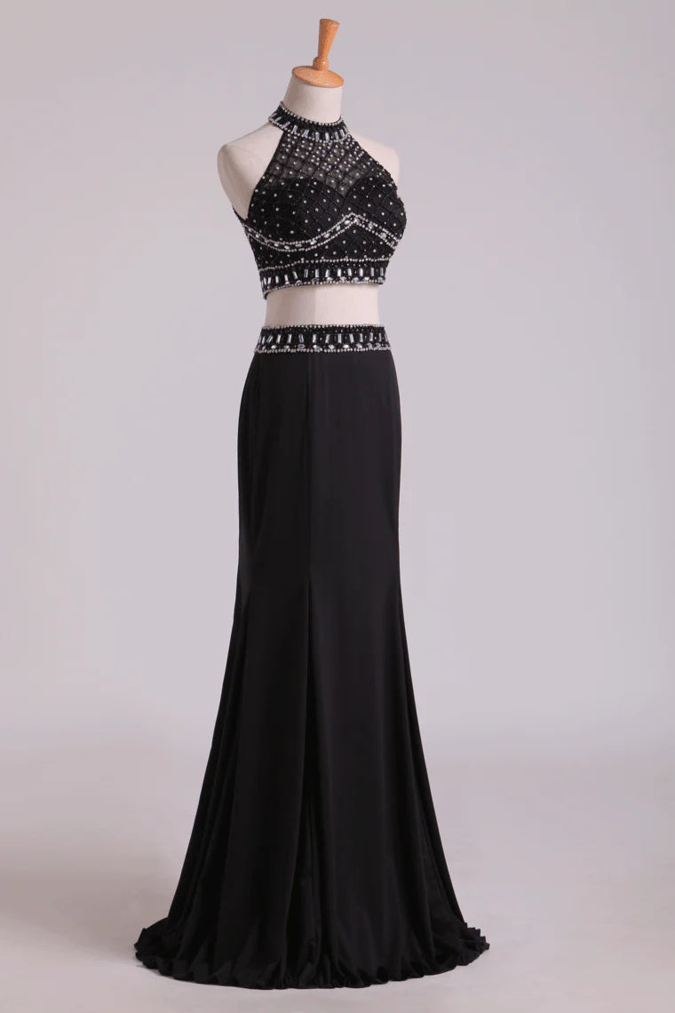 Black Halter Two-Piece Beaded Bodice Mermaid Open Back Party Dresses Spandex